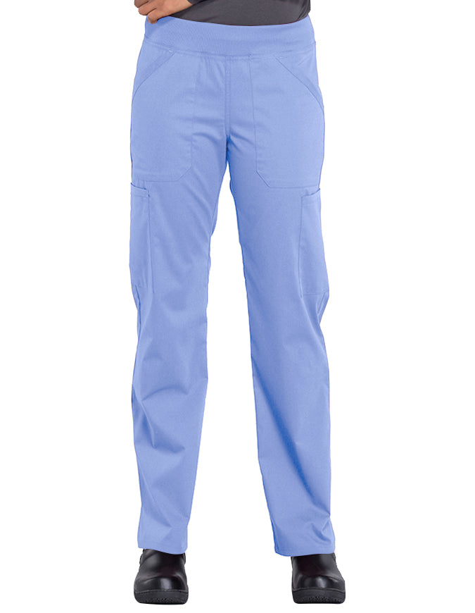 Cherokee Workwear Professionals Women's Elastic Waist Mid Rise Straight Leg Pull-on Cargo Pant Ciel Blue