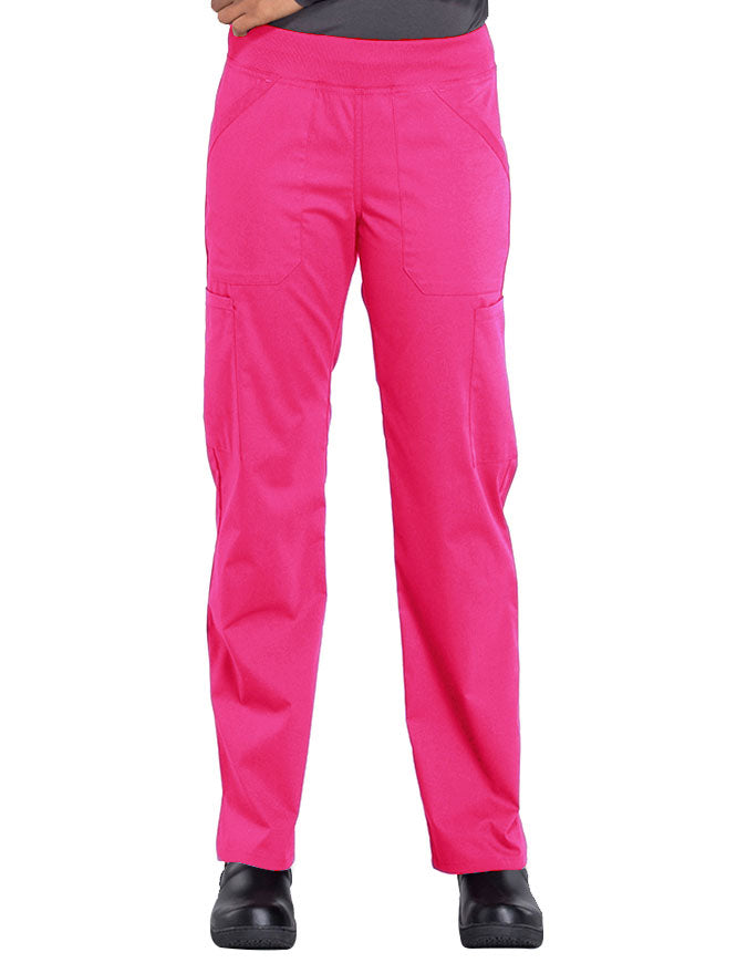 Cherokee Workwear Professionals Women's Elastic Waist Mid Rise Straight Leg Pull-on Cargo Pant Electric Pink