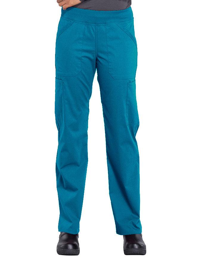 Cherokee Workwear Professionals Women's Elastic Waist Mid Rise Straight Leg Pull-on Cargo Petite Pant - Caribbean Blue