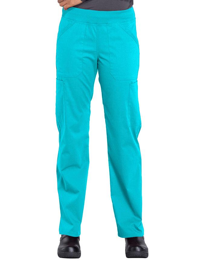 Cherokee Workwear Professionals Women's Elastic Waist Mid Rise Straight Leg Pull-on Cargo Petite Pant - Teal Blue