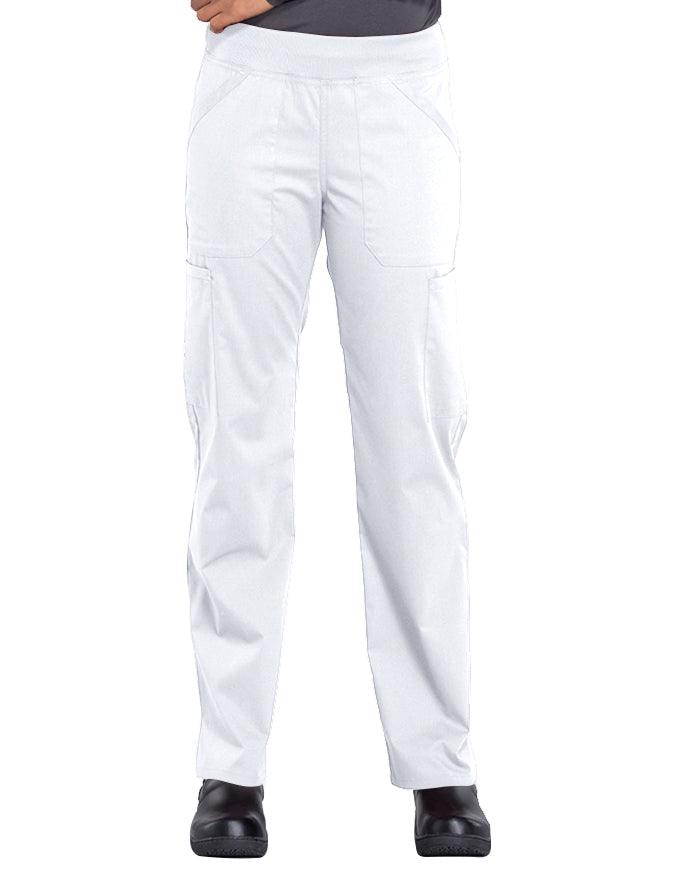 Cherokee Workwear Professionals Women's Elastic Waist Mid Rise Straight Leg Pull-on Cargo Petite Pant - White