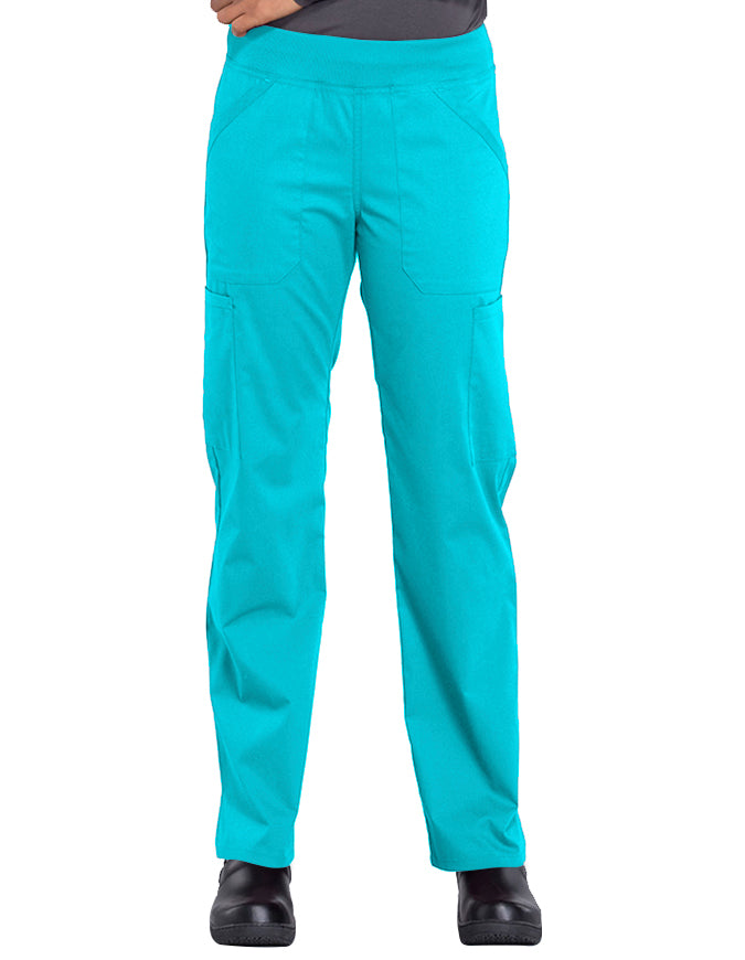 Cherokee Workwear Professionals Women's Elastic Waist Mid Rise Straight Leg Pull-on Cargo Pant Teal Blue