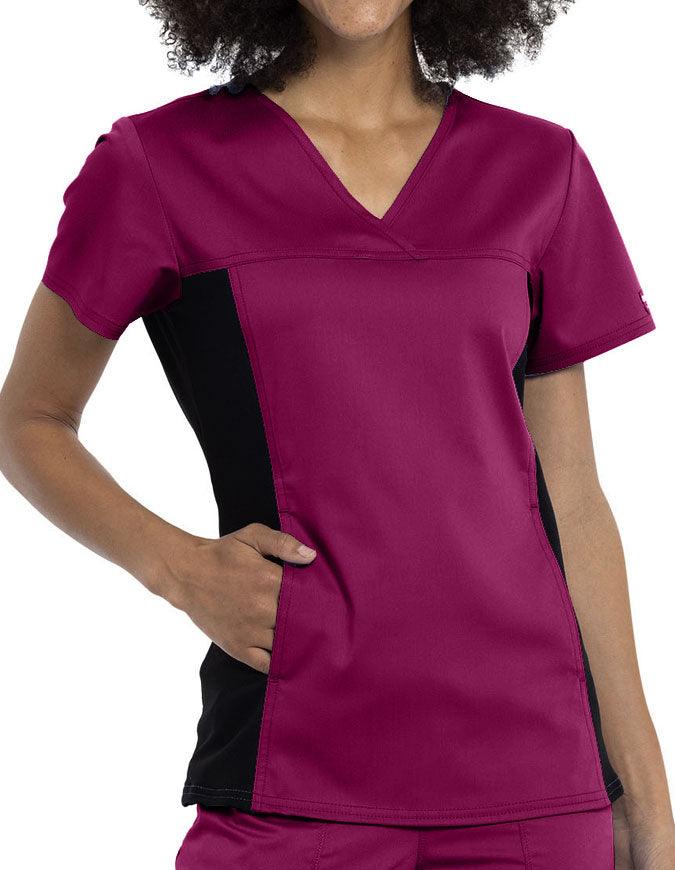 Cherokee Workwear Revolution Women's V-Neck Knit Panel Top - Wine