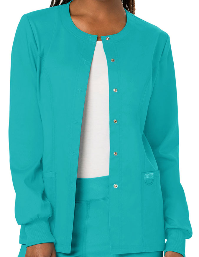 Cherokee Workwear Revolution Womens Snap Front Warm-up Jacket - Teal Blue