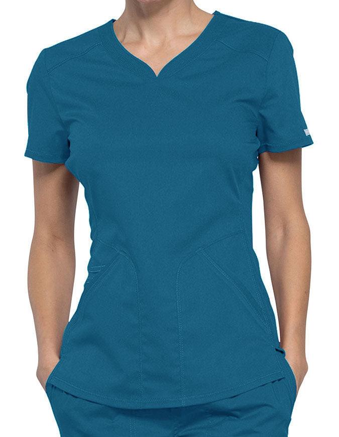 Cherokee Workwear Revolution Women's Soft Shaped V-Neck Top Caribbean Blue