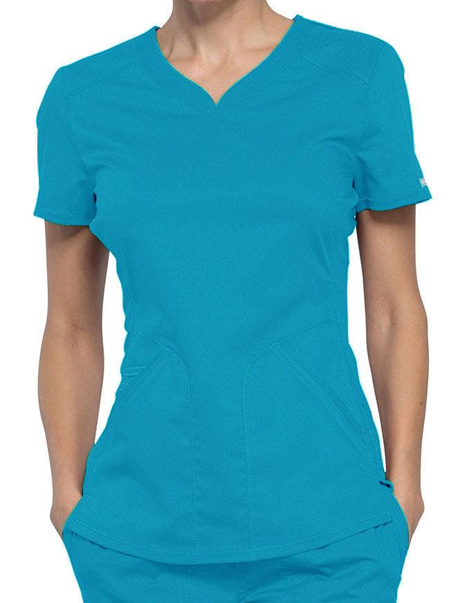 Cherokee Workwear Revolution Women's Soft Shaped V-Neck Top Teal Blue