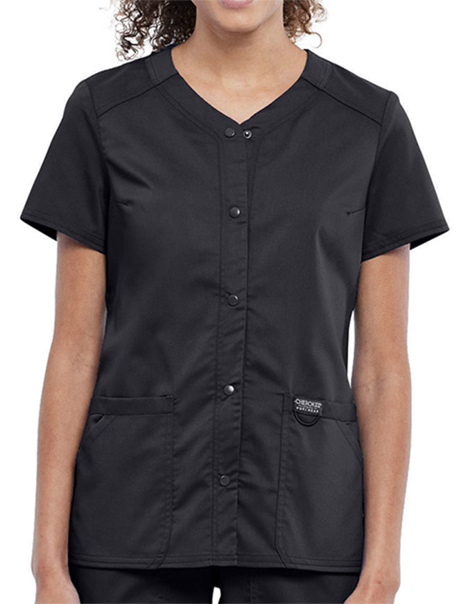 Cherokee Workwear Revolution Women's Snap Front V-Neck Top - Black