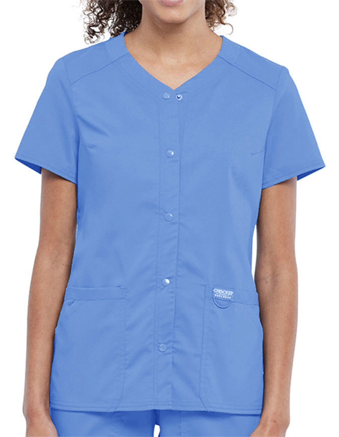 Cherokee Workwear Revolution Women's Snap Front V-Neck Top - Ciel Blue