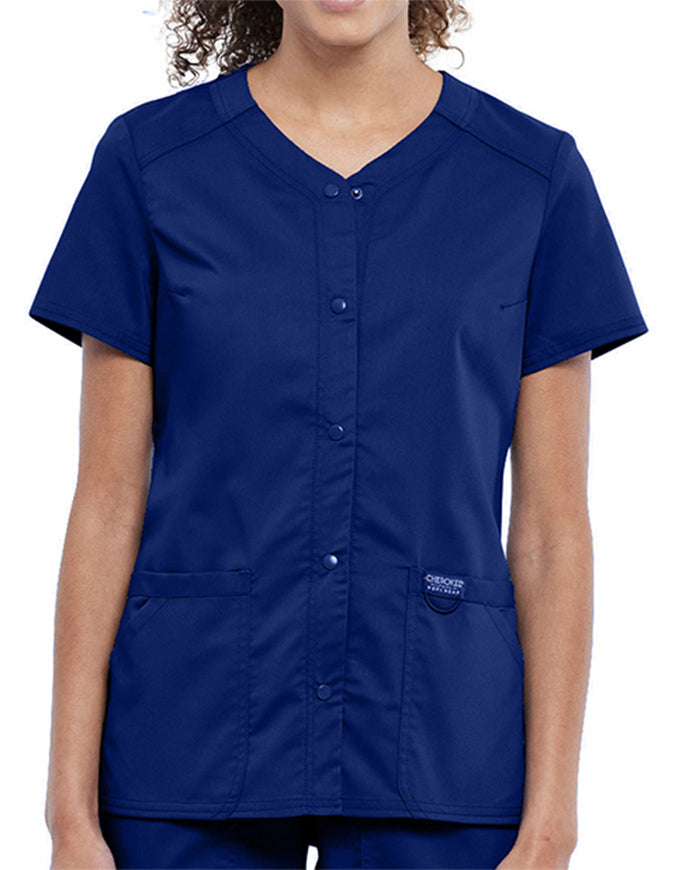 Cherokee Workwear Revolution Women's Snap Front V-Neck Top - Navy