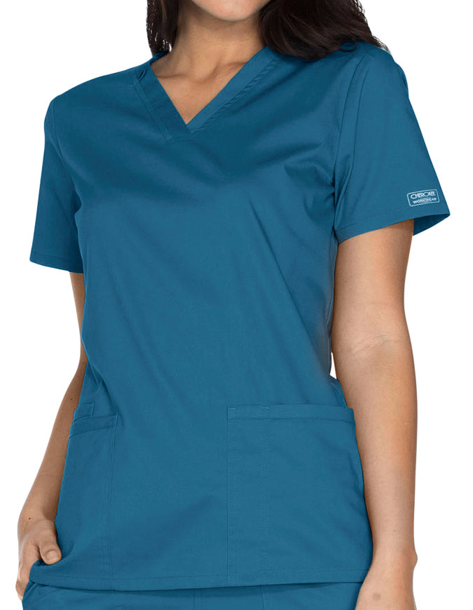 Cherokee Workwear Core Stretch Women's V-neck Basic Scrub Top - Caribbean Blue