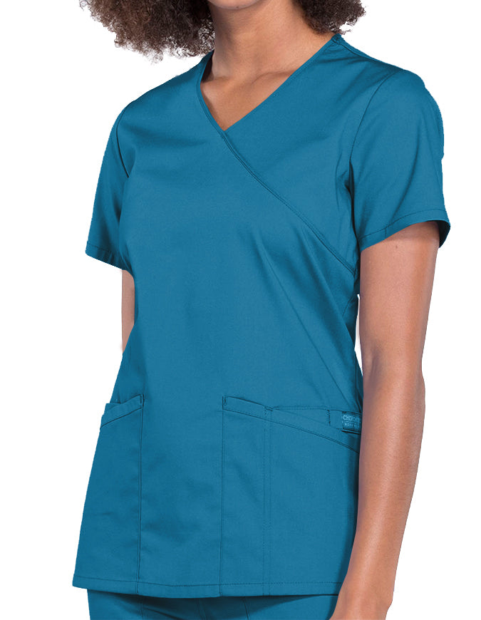 Cherokee Workwear Professionals Women's Mock Wrap Top Caribbean Blue