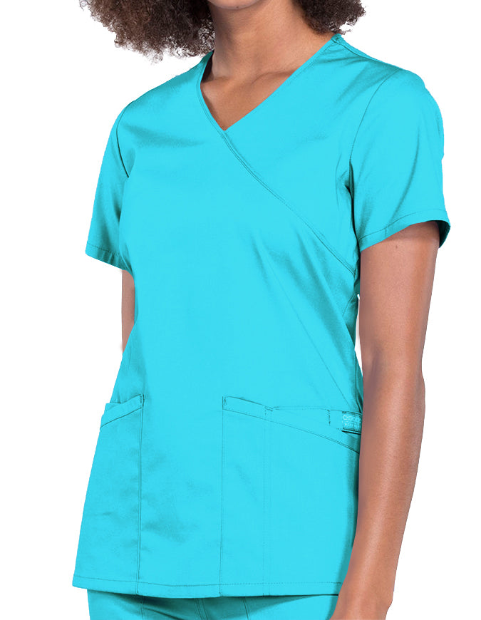 Cherokee Workwear Professionals Women's Mock Wrap Top Teal Blue