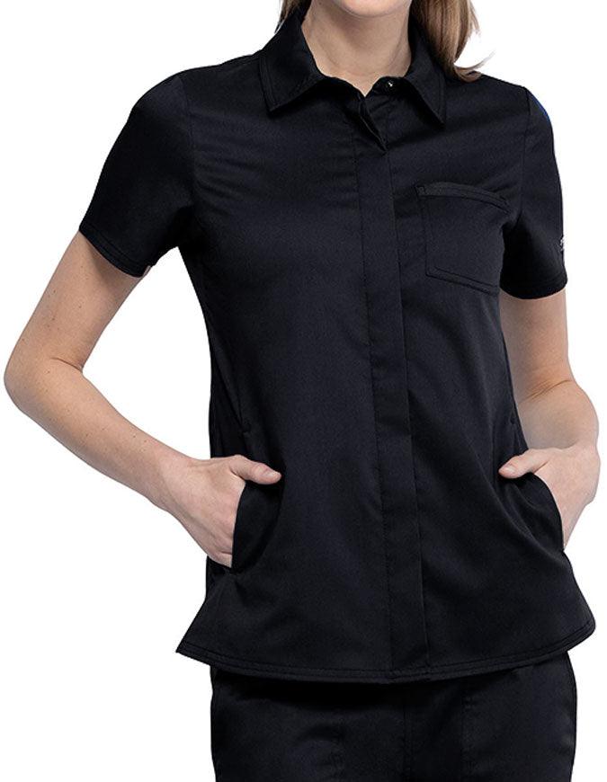 Cherokee Workwear Revolution Women's Hidden Snap Front Collar Shirt Black 