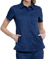 Cherokee Workwear Revolution Women's Hidden Snap Front Collar Shirt Navy