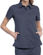 Cherokee Workwear Revolution Women's Hidden Snap Front Collar Shirt Pewter