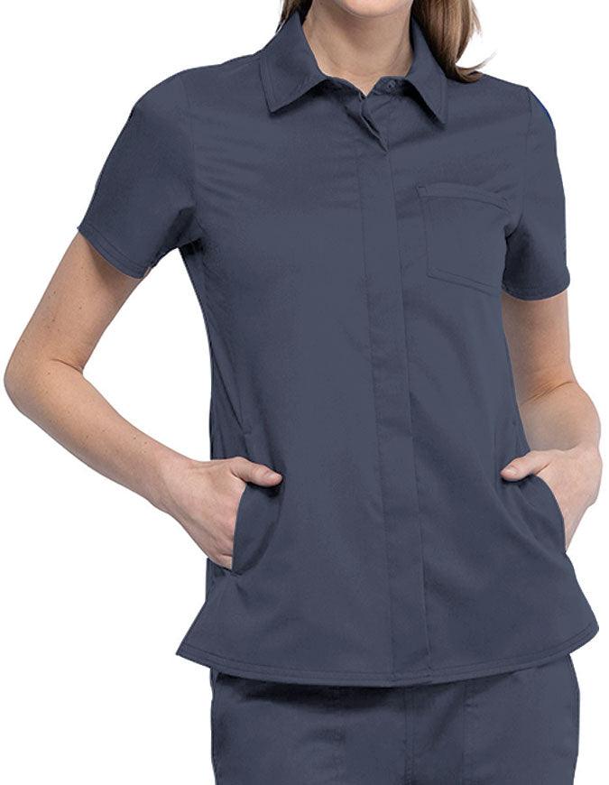 Cherokee Workwear Revolution Women's Hidden Snap Front Collar Shirt Pewter