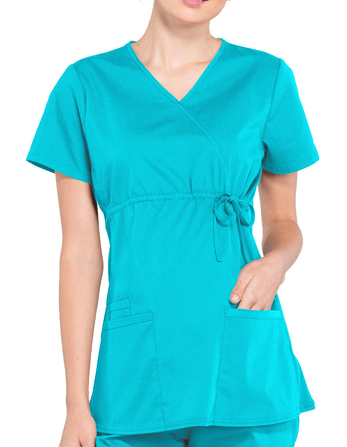 Cherokee Workwear Professionals Women's Maternity Mock Wrap Top Teal Blue