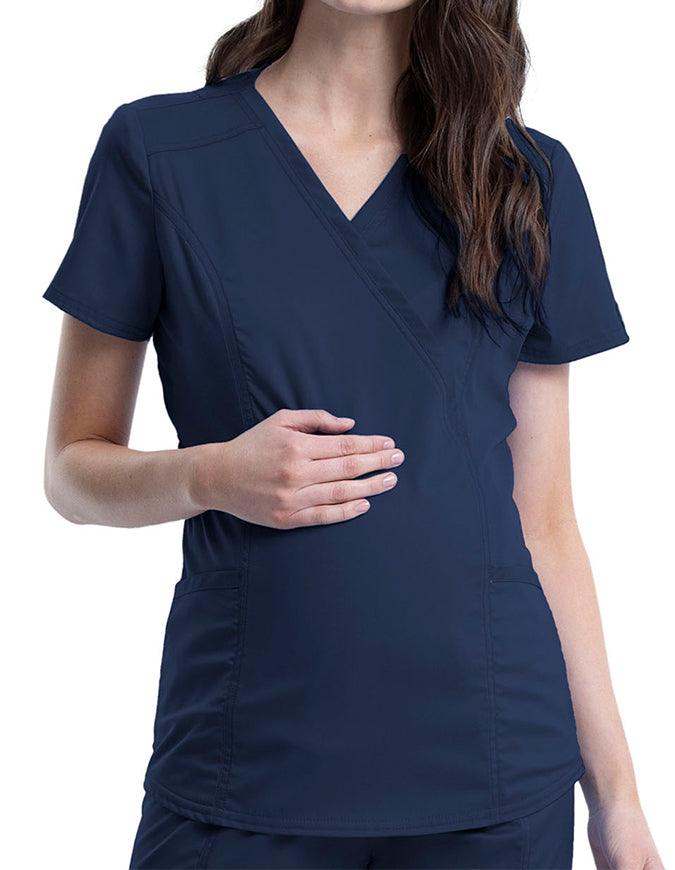 Cherokee Workwear Revolution Women's Maternity Mock Wrap Top Navy