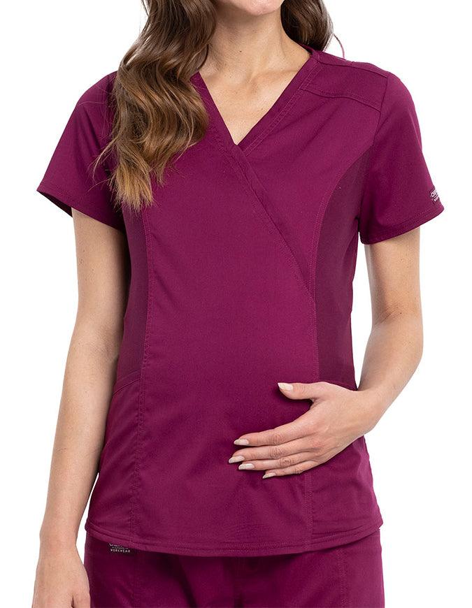 Cherokee Workwear Revolution Women's Maternity Mock Wrap Top Wine