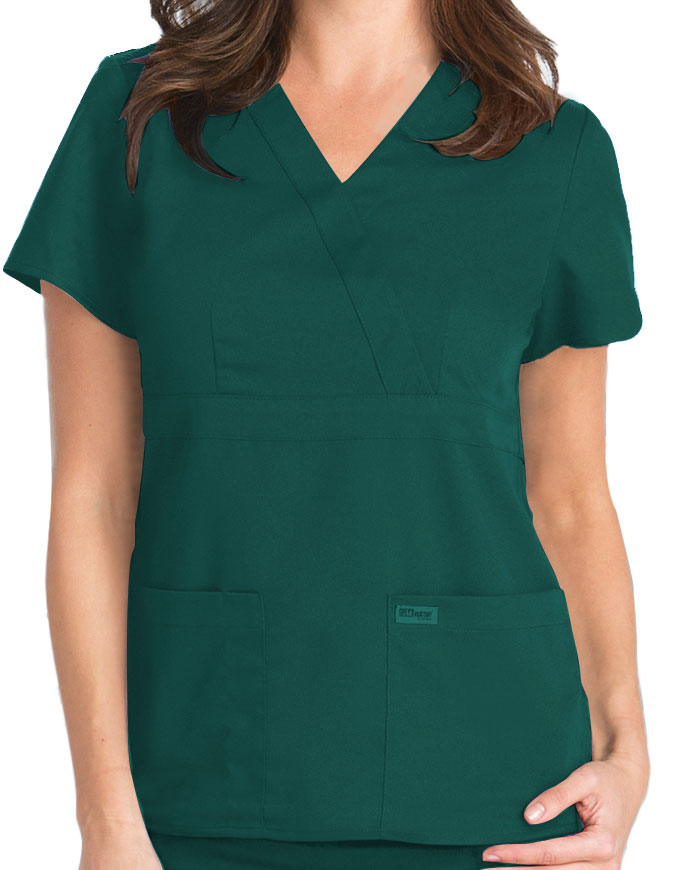 Grey's Anatomy 25.5 Inch Women's Mock Wrap Nurse Scrub Top Hunter Green