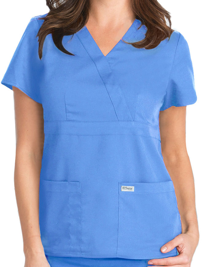 Grey's Anatomy 25.5 Inch Women's Mock Wrap Nurse Scrub Top Ciel Blue