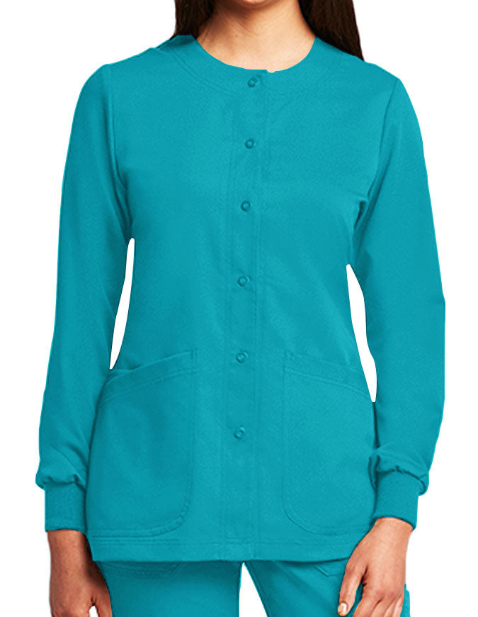 Grey's Anatomy Women's 4 Pockets Snap Front Solid Color Warm-up Jacket - Teal