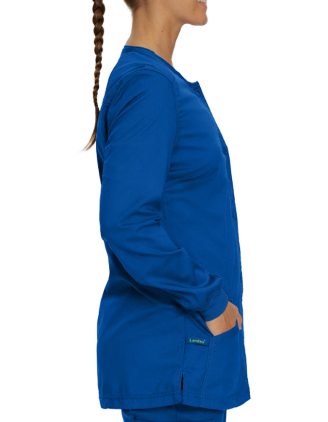 Landau Proflex Women's Snap Front Warm Up Solid Scrub Jacket Galaxy Blue