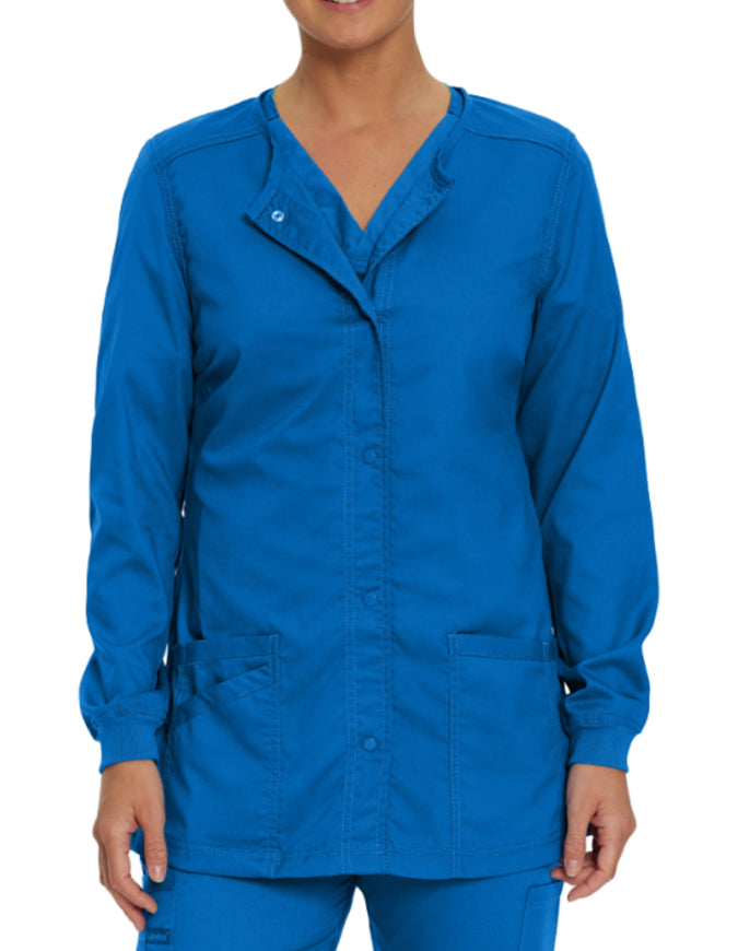 Landau Proflex Women's Snap Front Warm Up Solid Scrub Jacket Royal Blue