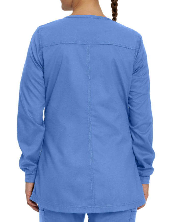 Landau Proflex Women's Snap Front Warm Up Solid Scrub Jacket Ceil Blue