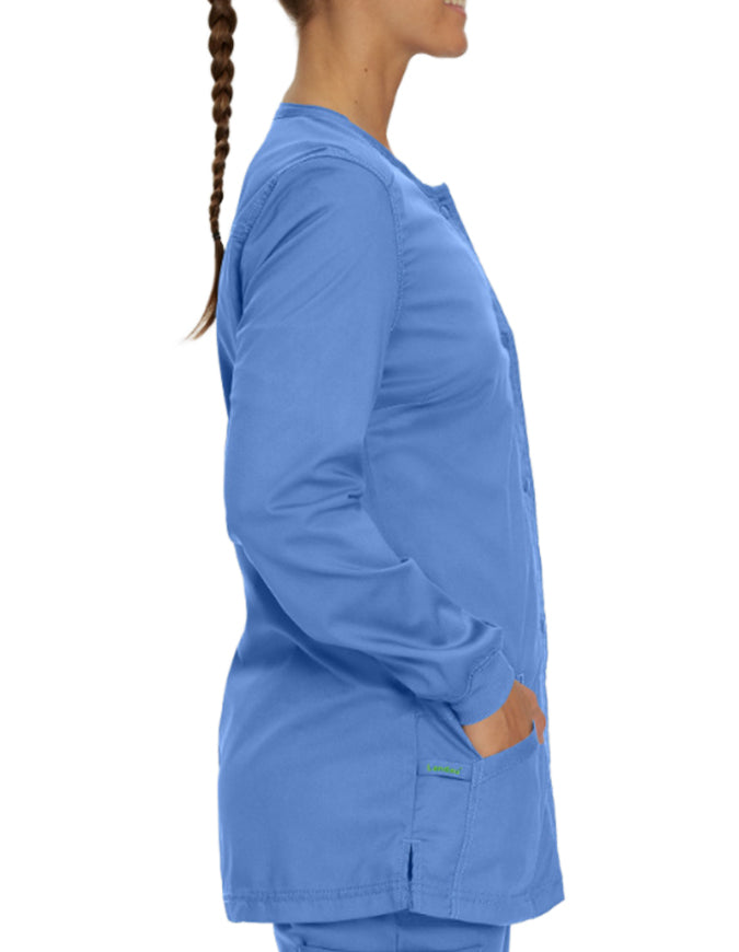 Landau Proflex Women's Snap Front Warm Up Solid Scrub Jacket Ceil Blue