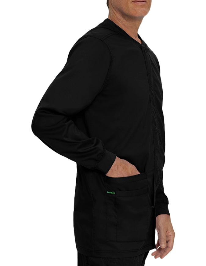 Landau Proflex Men's Knit Collar Snap Front Solid Scrub Jacket - Black