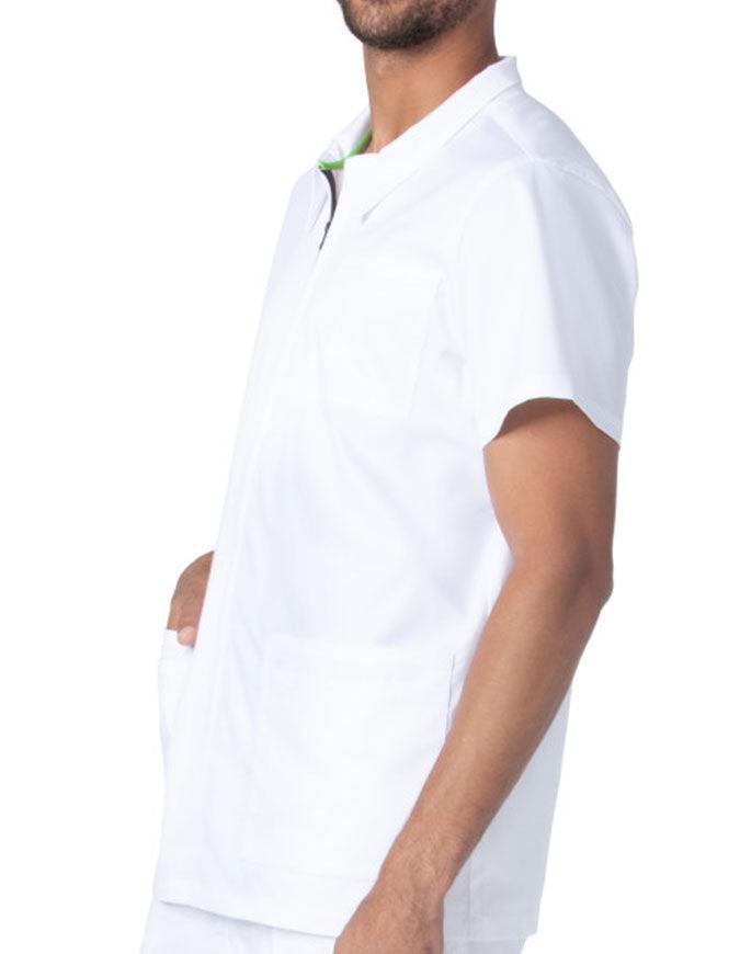 Landau ProFlex Men's Collared Zip Front Solid Scrub Top - White