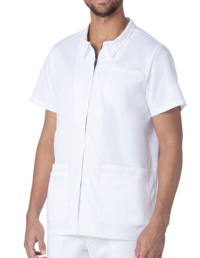 Landau ProFlex Men's Collared Zip Front Solid Scrub Top - White