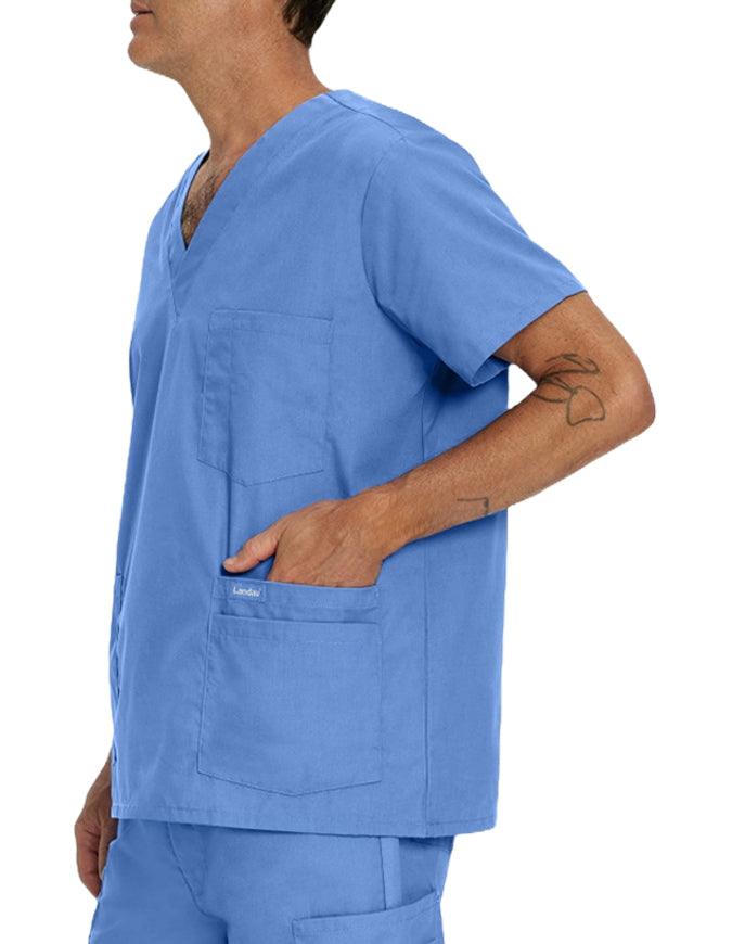 Landau Men's Multiple Pockets V-Neck Solid Nurse Scrub Top Ceil Blue