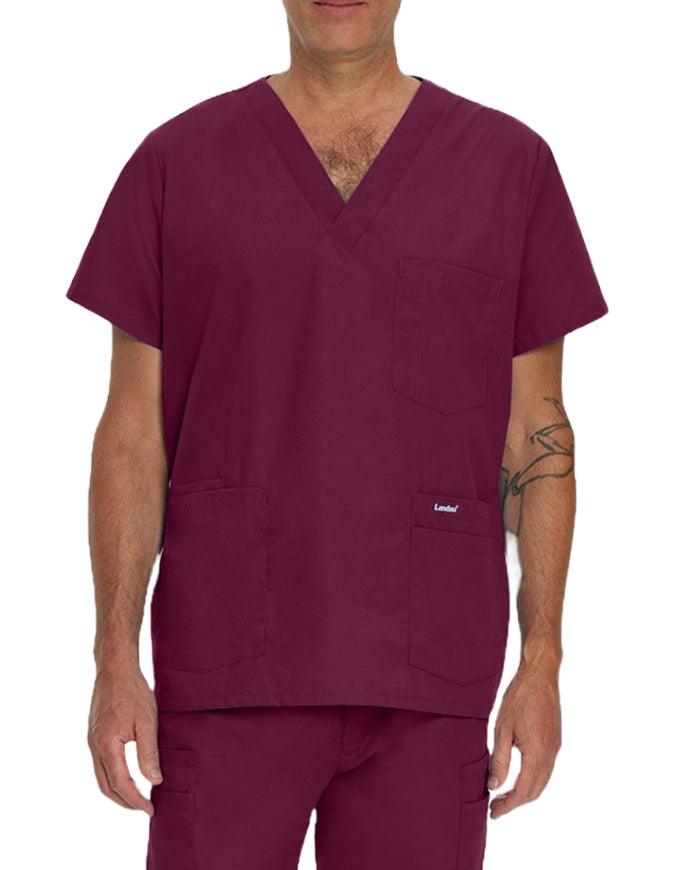 Landau Men's Multiple Pockets V-Neck Solid Nurse Scrub Top Wine