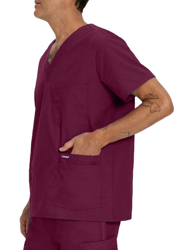 Landau Men's Multiple Pockets V-Neck Solid Nurse Scrub Top Wine