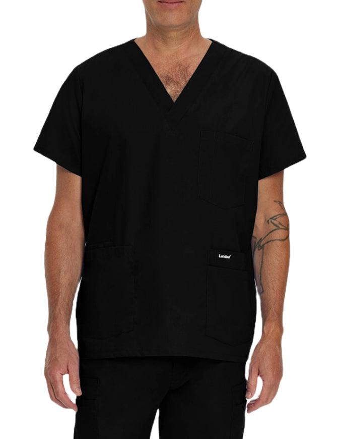 Landau Men's Multiple Pockets V-Neck Solid Nurse Scrub Top Black