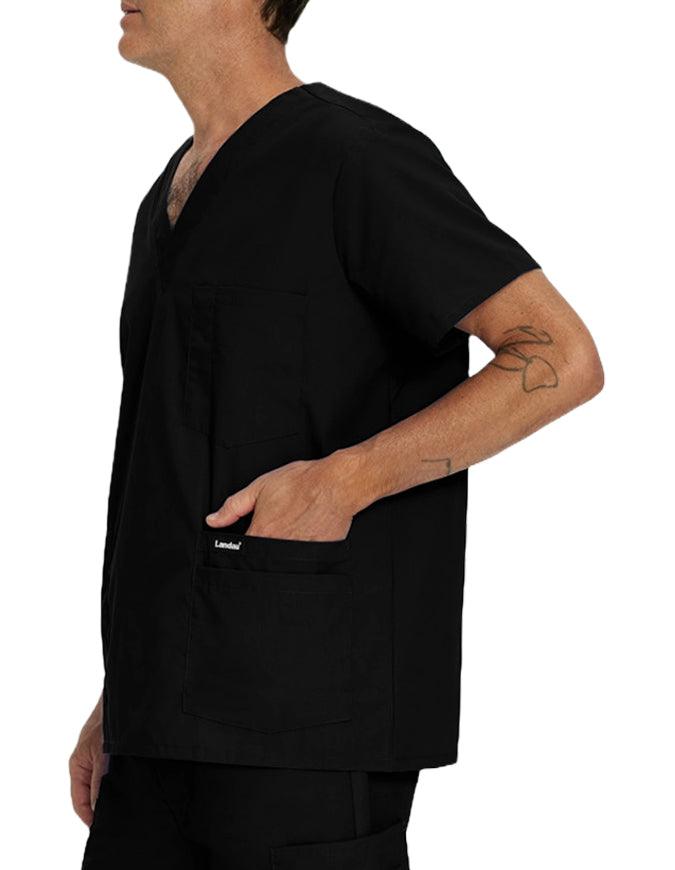 Landau Men's Multiple Pockets V-Neck Solid Nurse Scrub Top Black