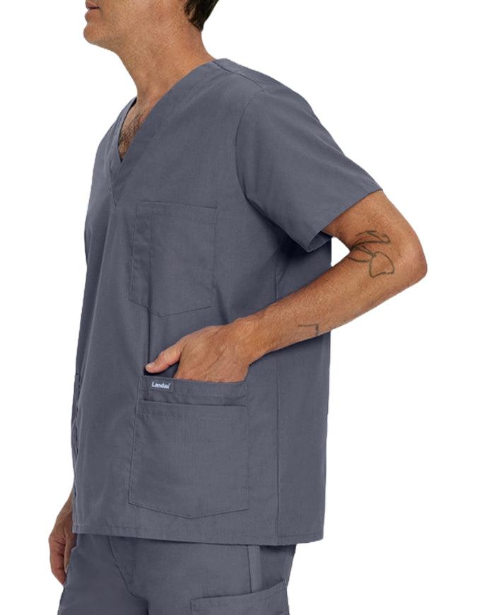 Landau Men's Multiple Pockets V-Neck Solid Nurse Scrub Top Steel Grey