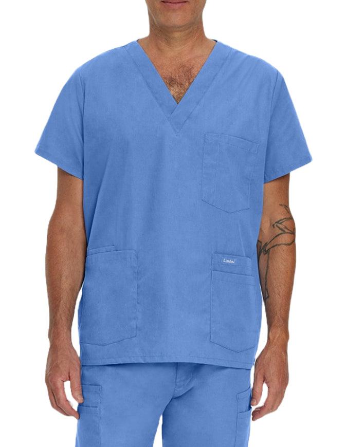 Landau Men's Multiple Pockets V-Neck Solid Nurse Scrub Top Ceil Blue