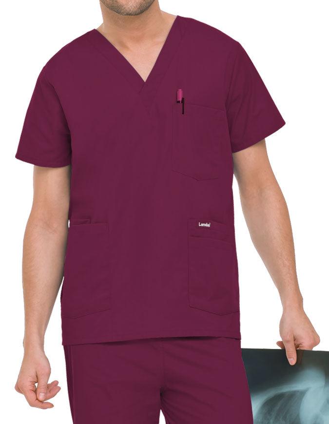 Landau Men's Multiple Pockets V-Neck Solid Nurse Scrub Top Wine