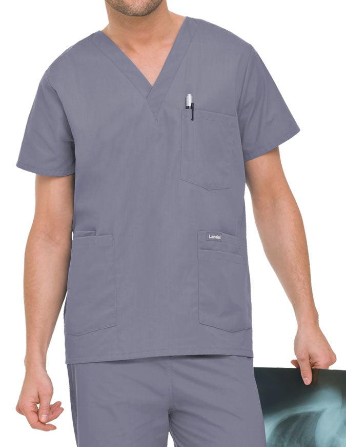 Landau Men's Multiple Pockets V-Neck Solid Nurse Scrub Top Steel Grey