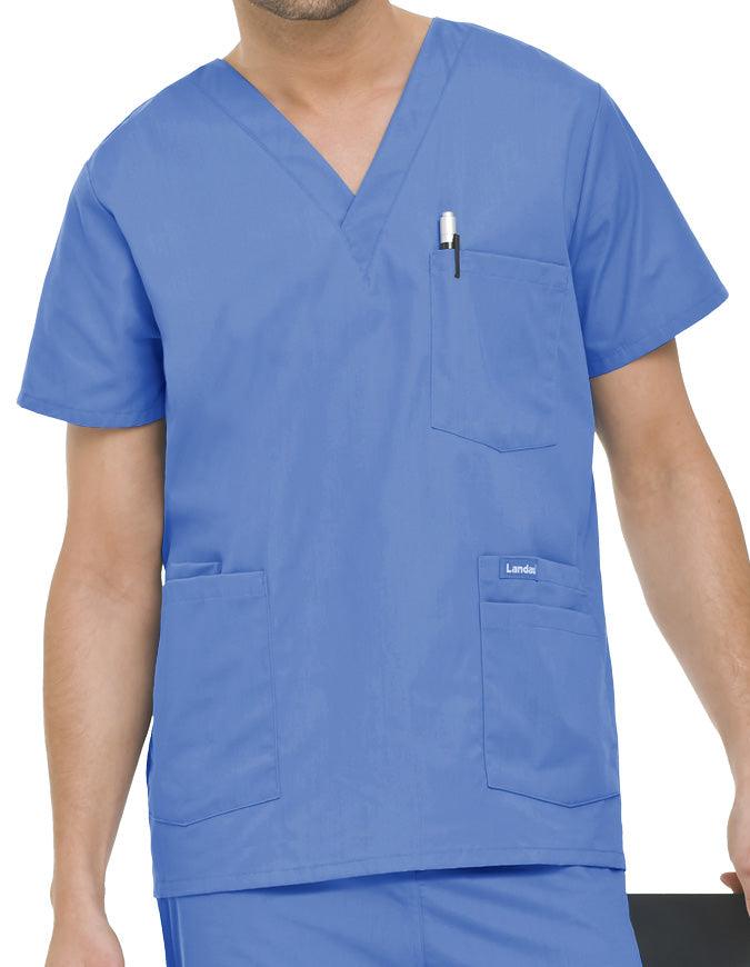 Landau Men's Multiple Pockets V-Neck Solid Nurse Scrub Top Ceil Blue