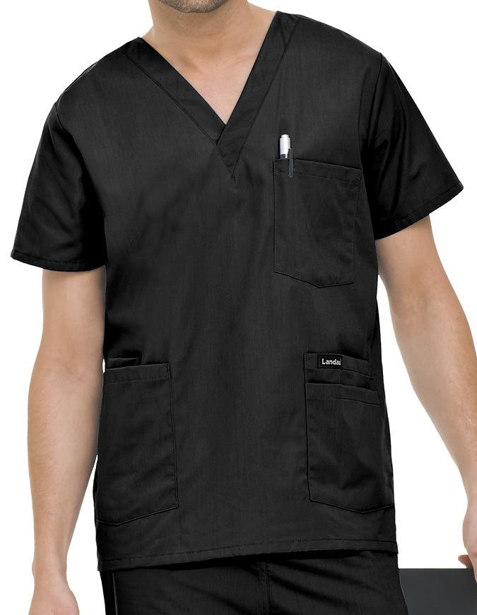 Landau Men's Multiple Pockets V-Neck Solid Nurse Scrub Top Black