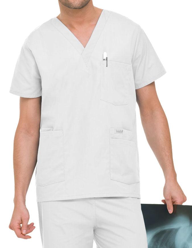 Landau Men's Multiple Pockets V-Neck Solid Nurse Scrub Top White