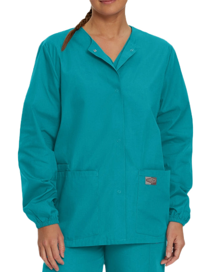 Landau Scrubzone 28 Inch Women Snap Front Warm Up Jacket - Teal Blue