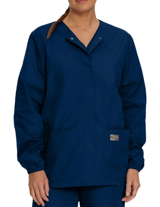 Landau Scrubzone 28 Inch Women Snap Front Warm Up Jacket - Navy