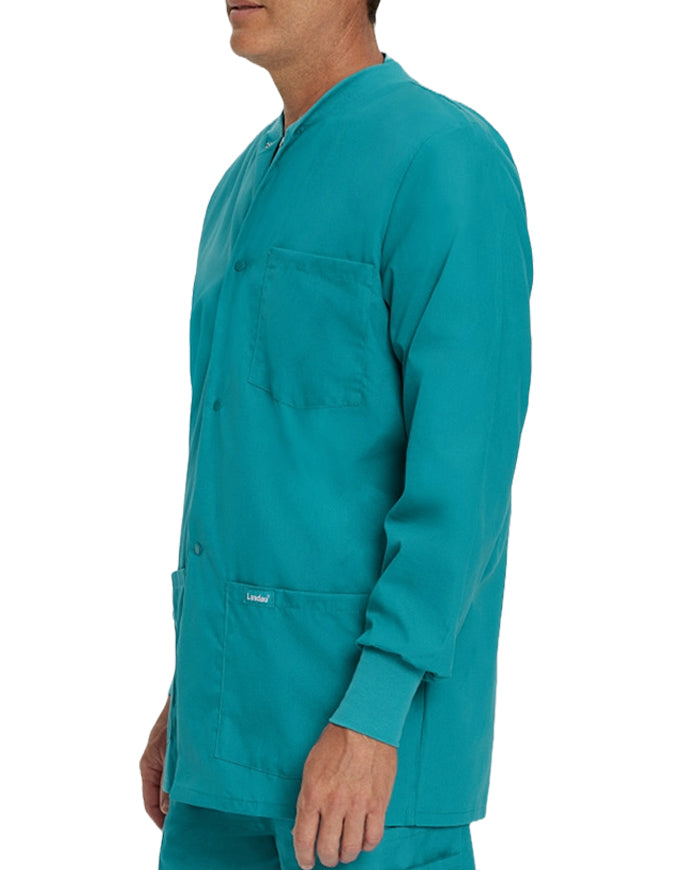 Landau 31.5 Inch Men's Snap Front Rib Knit Scrub Jacket - Teal Blue