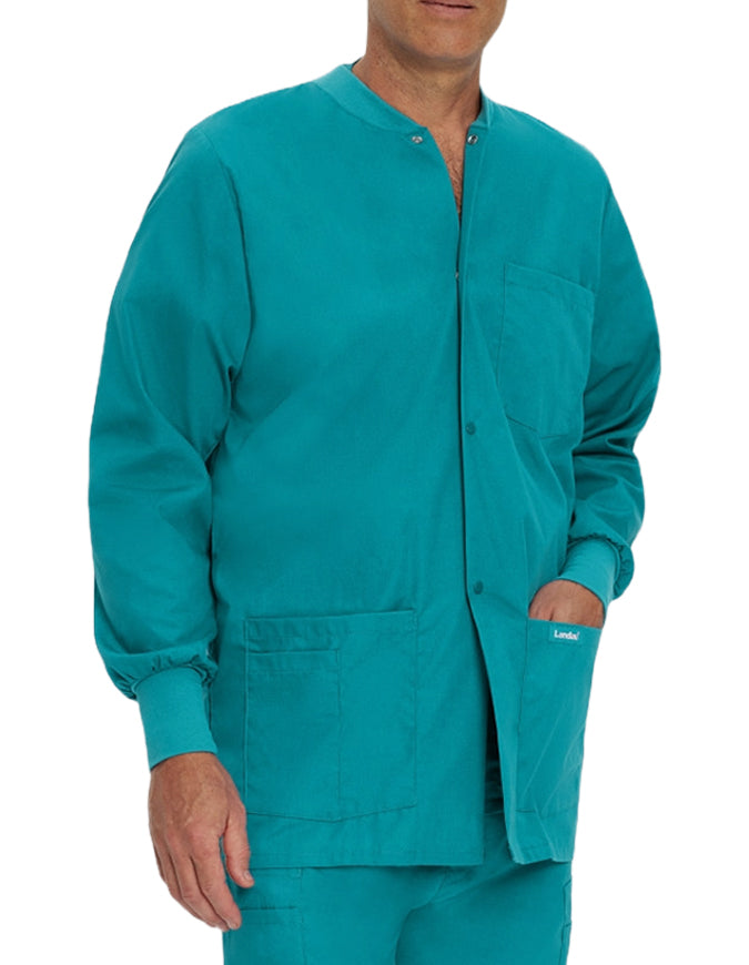 Landau 31.5 Inch Men's Snap Front Rib Knit Scrub Jacket - Teal Blue