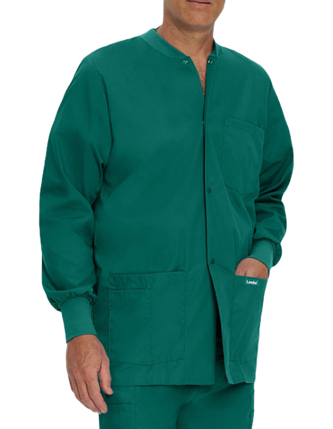 Landau 31.5 Inch Men's Snap Front Rib Knit Scrub Jacket - Hunter Green